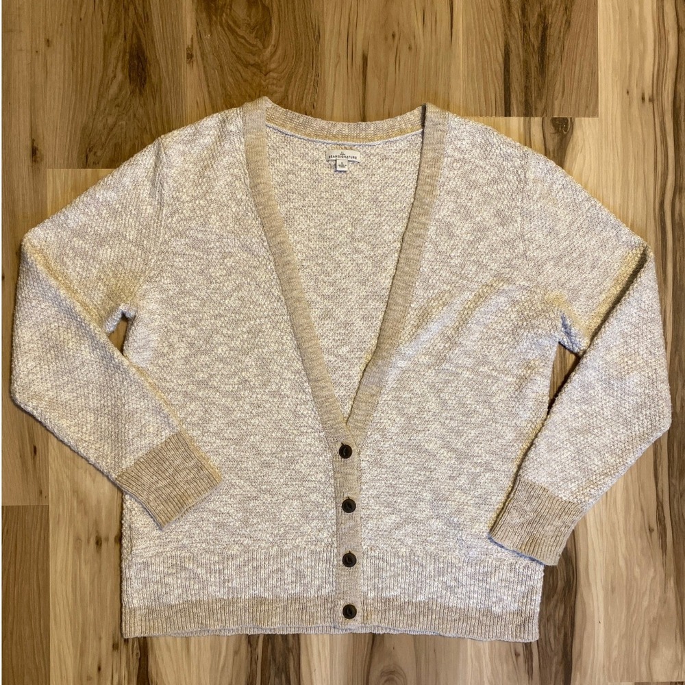 LL Bean Signature Women Large Cotton Linen Cardigan Sweater Beige Marled 509411